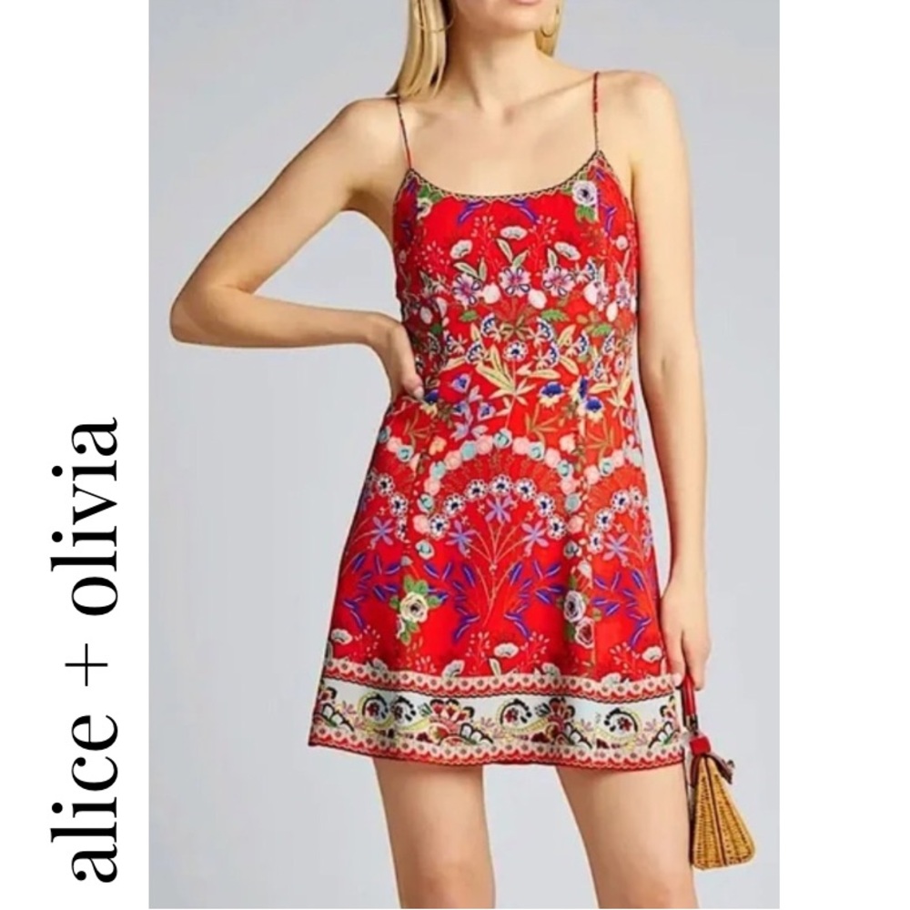 Alice + Olivia Red Floral Spaghetti-Strap Mini Dress